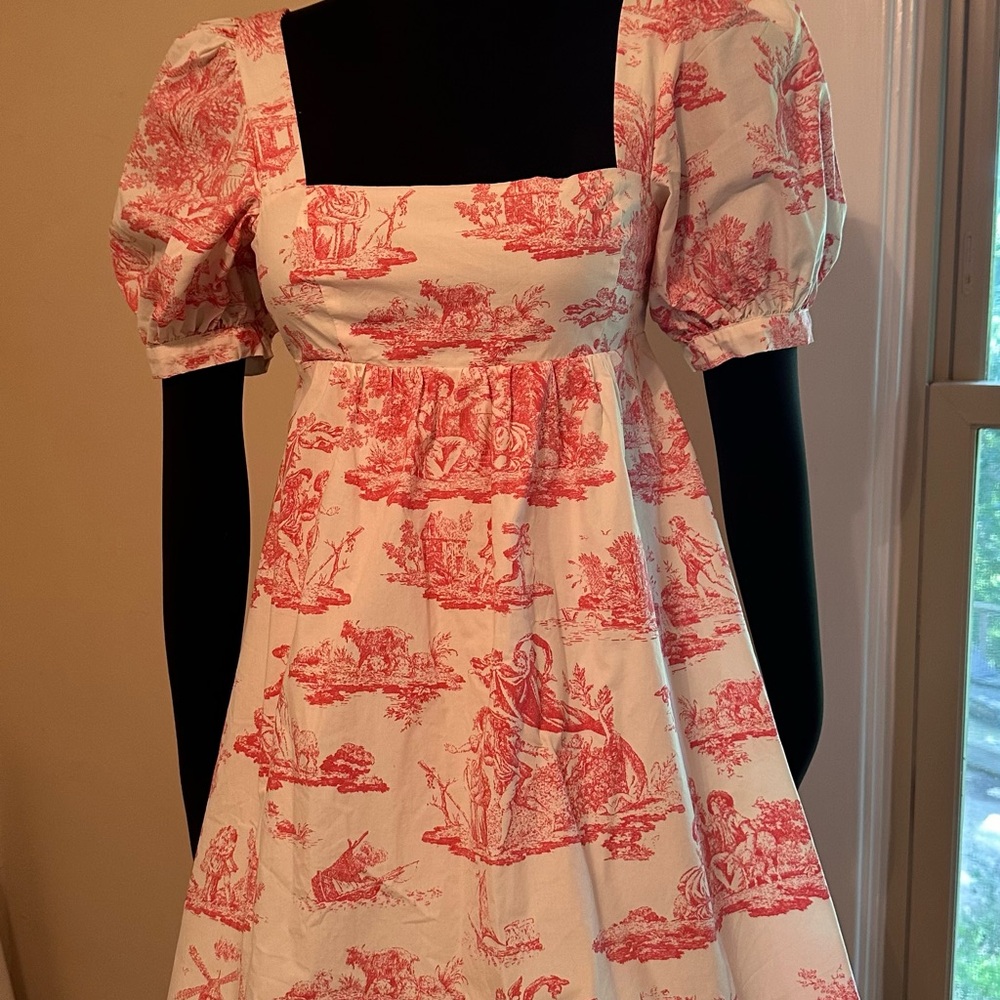 Red and White Toile Puff Sleeve Dainty Dress